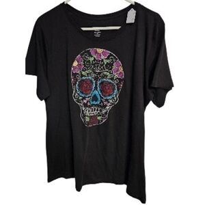 Black Short Sleeve Tee with Colorful Sugar Skull Graphic